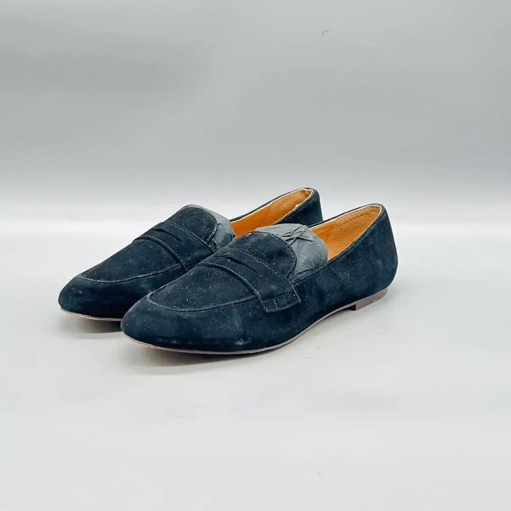 J Crew Shoes Womens 5.5 Black Suede Penny Loafer Flats Almond Toe Slip On Casual